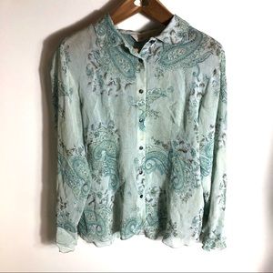 J Jill Womens Large Blouse Blue Paisley Button Up  Top Long Sleeve Collared